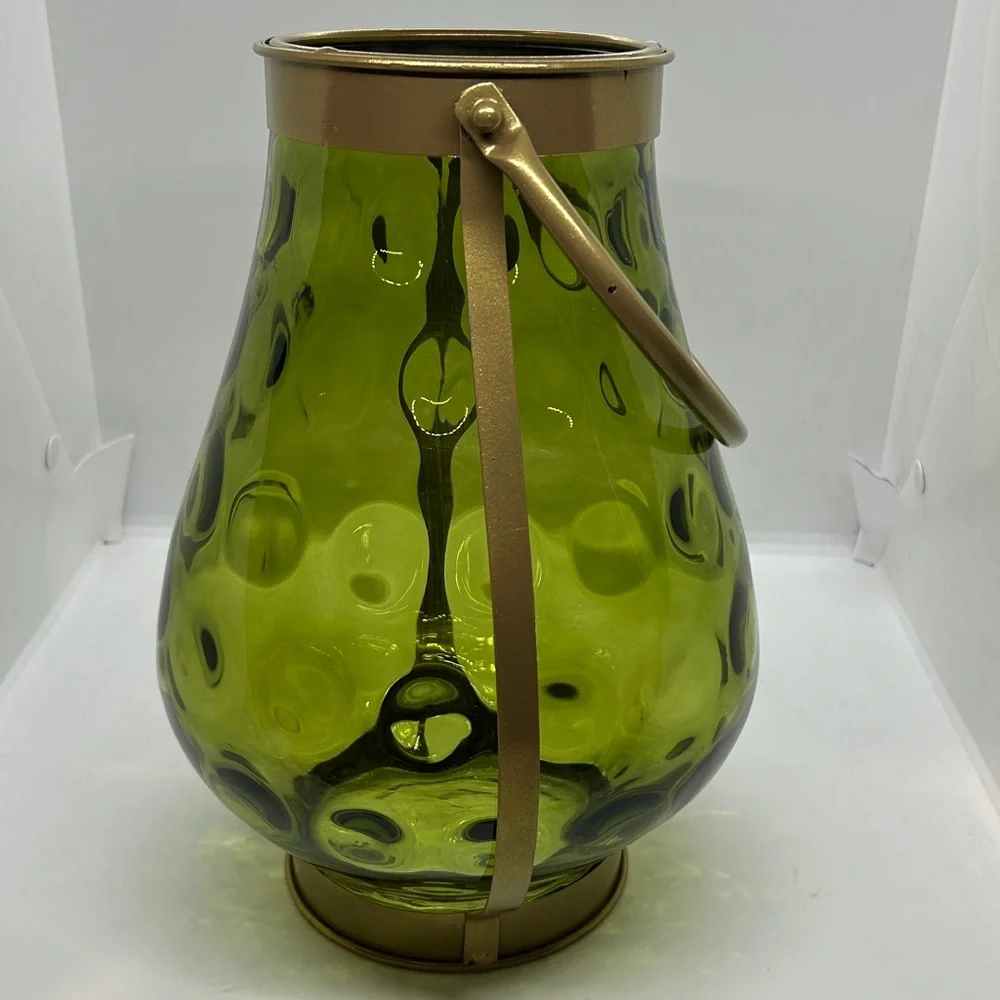 Green Glass With Gold Metal Handle Candle Holder 11” Decor